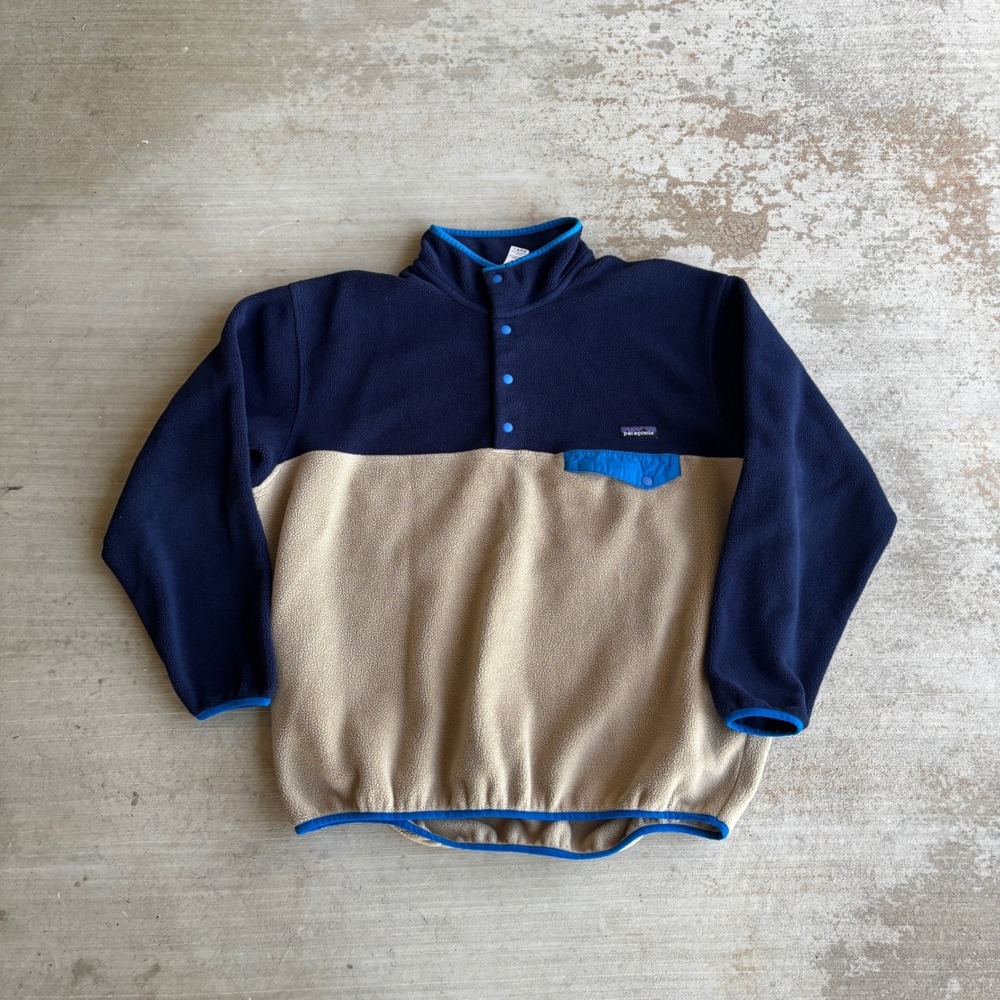 Patagonia Mens Synchilla Snap-T Fleece Pullover Navy Tan Blue Large Color Block